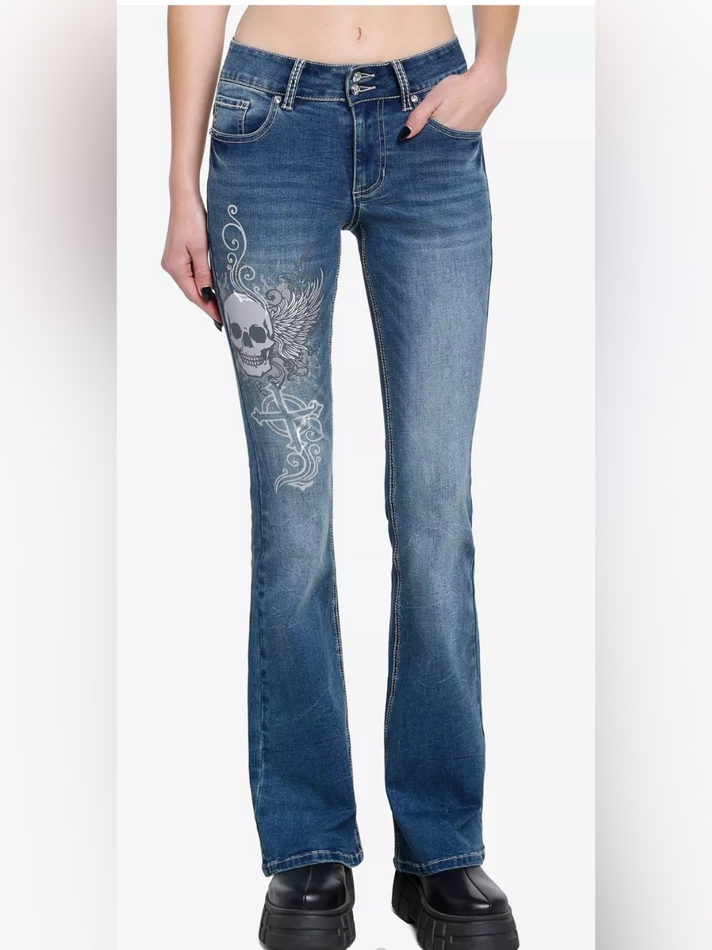 Hot Topic Goth Winged Skull Cross Jeans Flare Size 11 Graphic Print Rhinestone